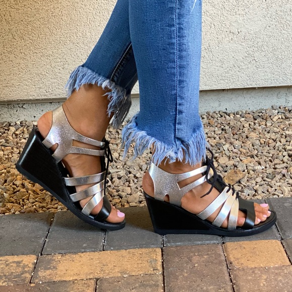 Distressed Leather Lace Up Kitten Wedge Sandal - Picture 5 of 12